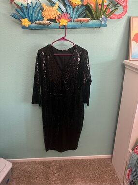 New York & Company Black Sequin V-Neck Long Sleeve Dress